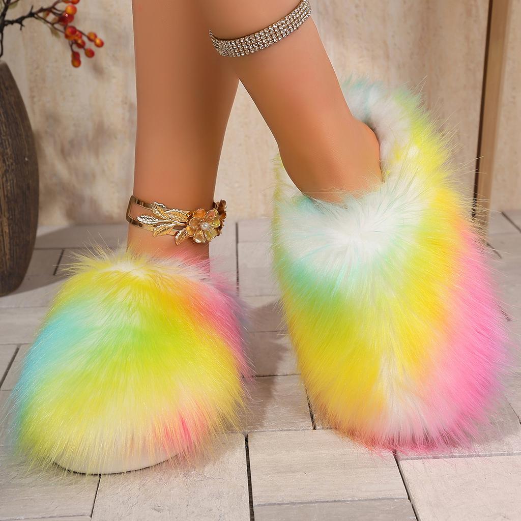 Fashion Women Flat Half Slippers Lightweight Slides Women Luxury Fur Slippers Women Round Toe Raccoon Fur Slides Woman Comfortable Shoes