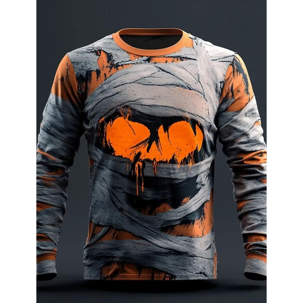 

Spring and Autumn Round Neck Horror Skulls Mummy Pattern 3D Printed Top Fashionable Casual Long Sleeved Men s T-shirts S