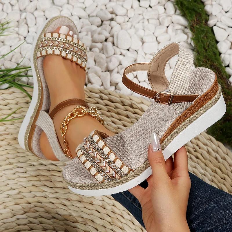 Fashion Retro Checkered High Heel Sandals for Women New Back Strap Thick Bottom Sandals Woman Summer Round Toe Anti-Slip Sandalias Mujer