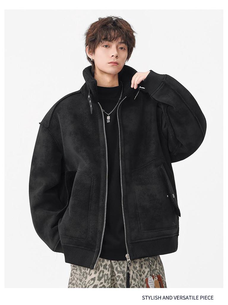 Mu Yuan Men's 2025 Winter Shearling Cotton Stand Collar Vintage Streetwear Jacket