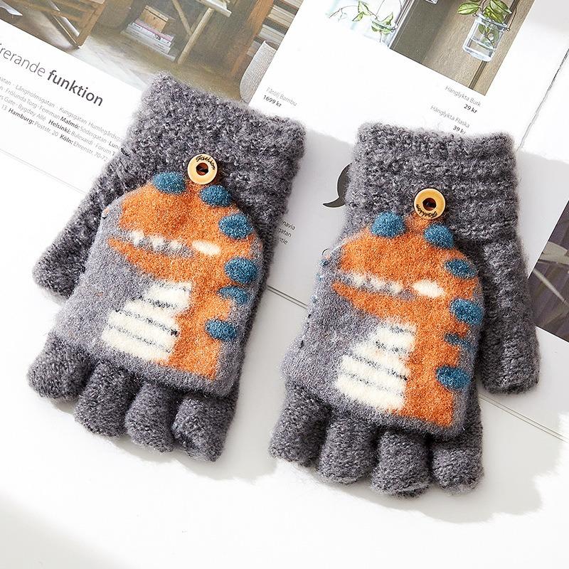 -Year-old Children's Cartoon Knitted Half-finger Flip Gloves Winter Warm Cute Dinosaur Boy Student Writing