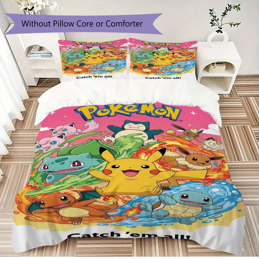 Set di biancheria da letto con stampa Pokémon da 3 pezzi include una copripiumino e una coppia di federe (riempimento non incluso), perfetto per l'uso in camera da letto.
