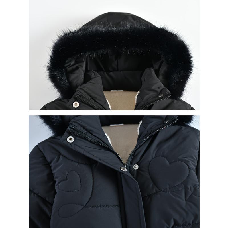 [Stylish Coat] Winter Coat | Stylish Girls' Parka with Faux Fur Hood, Heart-Shaped Diamond Pattern, Warm Mid-Length - Beige, Polyester