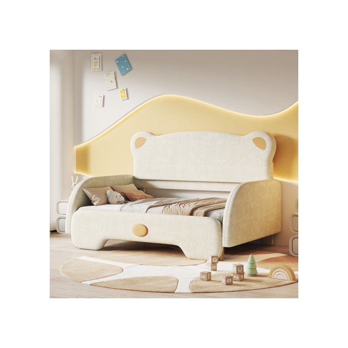 Lit Double En Forme D'ours - MUVOE - Beige - 140x200 Cm - Velours - Lattes En Bois