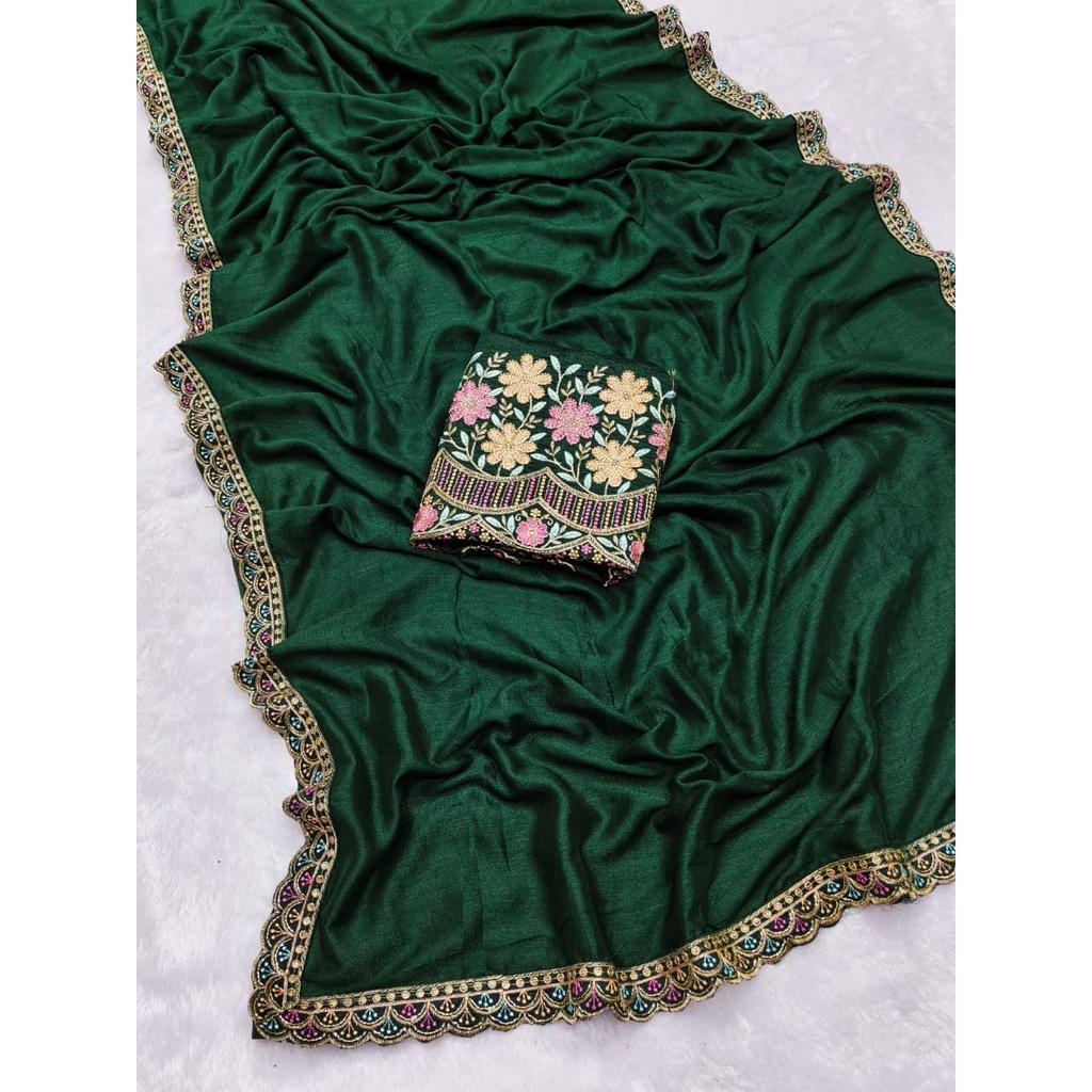 Premium Star Georgette  Design: Plain Body with Rich Multi-sequence Work Lace & C-Pallu  | TOTAL Colour Options : 12