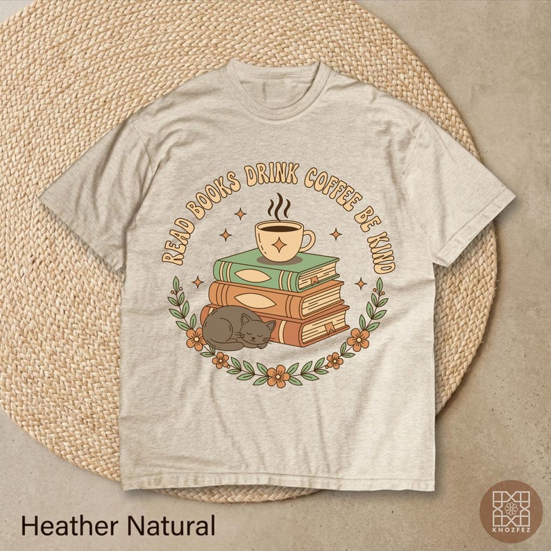Read Books Drink Coffee Be Kind T-Shirt, Retro Bookworm Cat Coffee Lover Tee, Cute Floral Library Bookish Aesthetic Gift 160