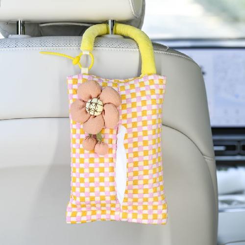 Pink Plaid Fabric Tissue Box Portable Hanging Tissue Case Living Room Container Home Car Towel Napkin Papers Bag Home Decoration