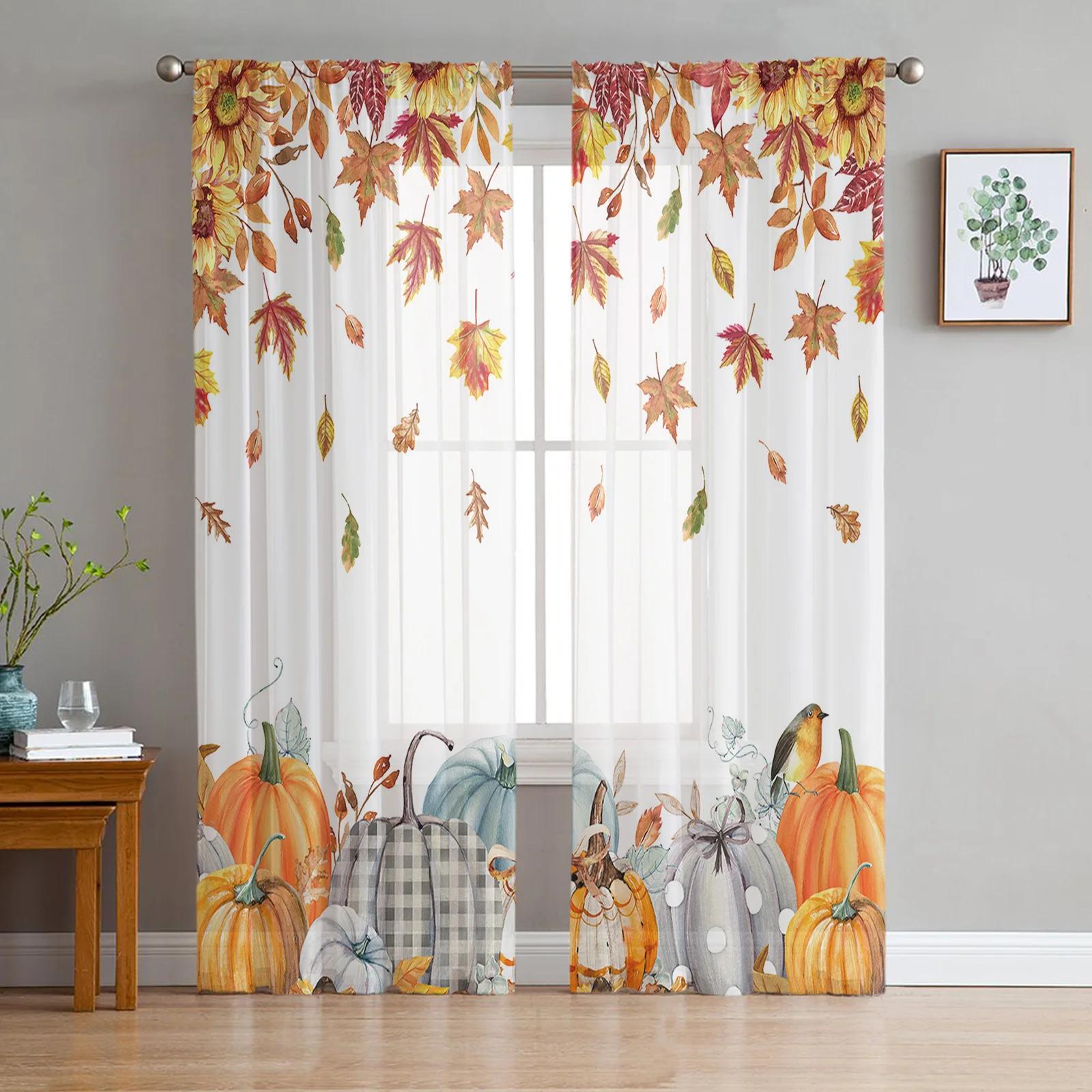 

Autumn Leaves Golden Yellow Maple Leaf Fine Netting Transparent Drapes Perfect for Living Room Decoration Window Panel Curtain for Bedroom Sheer W135 x H115cm x1&Grommet Top