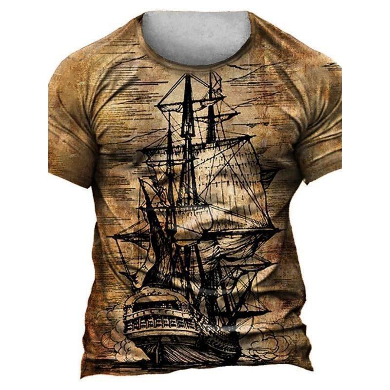 Men's Vintage T-Shirt Marine Adventure 3D Print Top Summer Fashion Casual Loose Tee New Streetwear Short Sleeved T-Shirt for Men