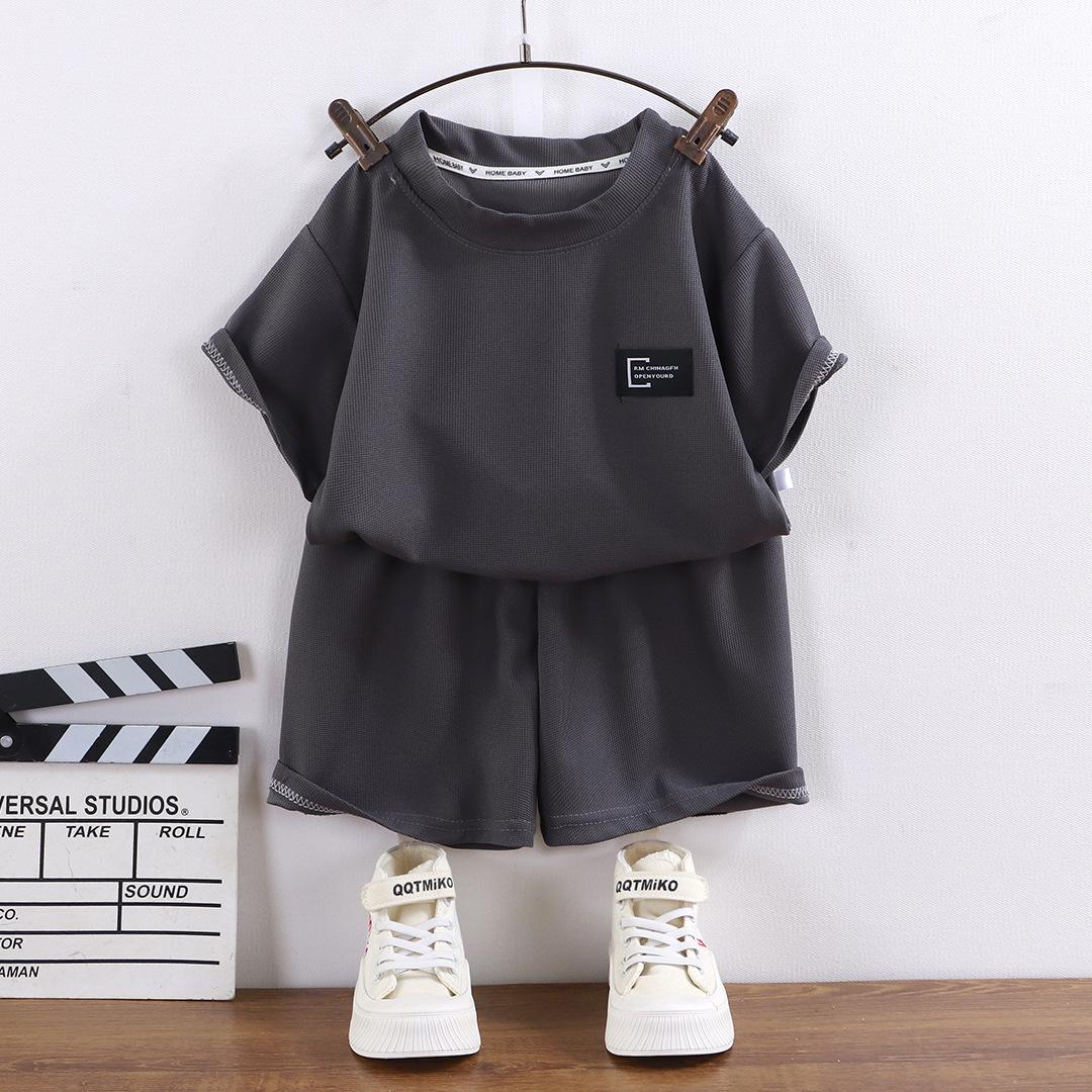 Children Summer Short Sleeve Sets Thin Waffle Fabric Pajamas for Boys and Girls 90cm серый