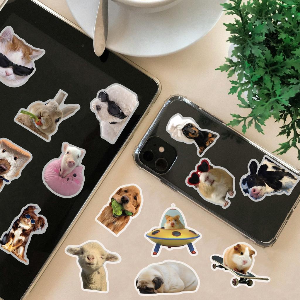 50pcs Animal Stickers Waterproof PET Self-Adhesive Decals with Playful Dog, Cat, Hedgehog & Guinea Pig Designs for Phone, Laptop, Luggage, Helmet