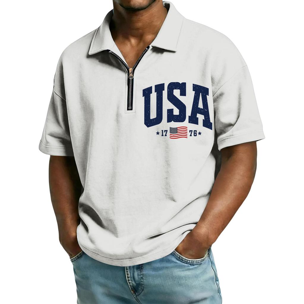 Men’s Short Sleeve Polo Shirt with Half Zip Collar USA Letter Print and Flag Embroidery Casual Fit Top