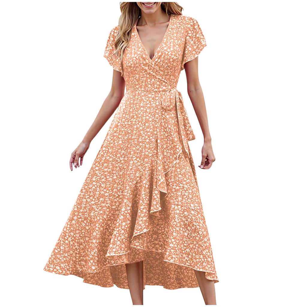 Fashion Women's Floral Print Wrap Midi Dress V-Neck Ruffle Sleeve High Split Summer Sundress