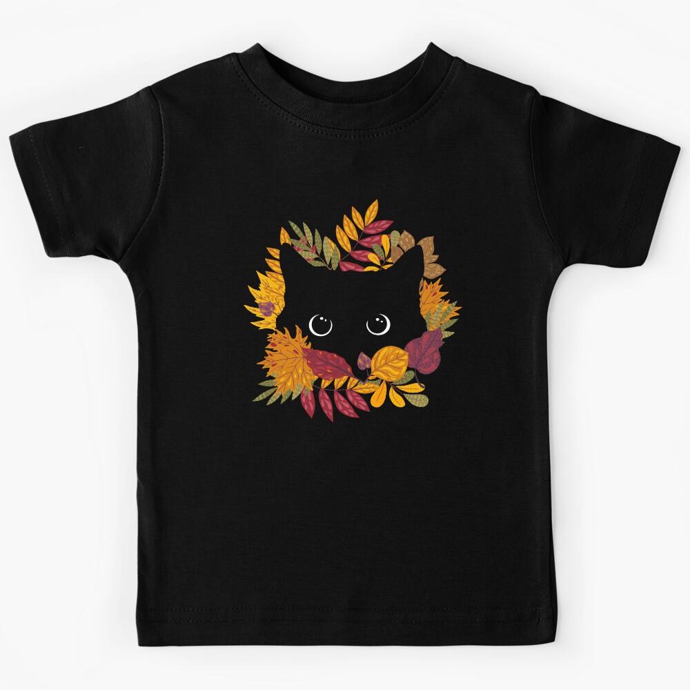 Black Cat Peeking Spying Autumn Fall Kids T-Shirt 130