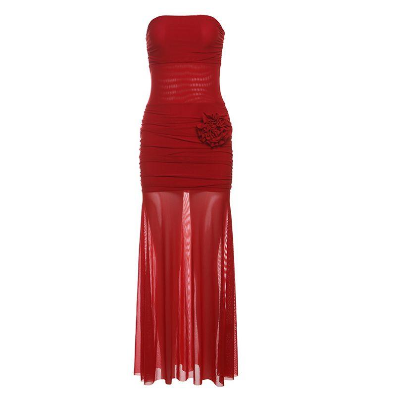 

# Sisjuly# Flamenco Kiss Elegant Strapless Dress Cinched Mesh Patchwork Long Dress Red Dress Female Red S