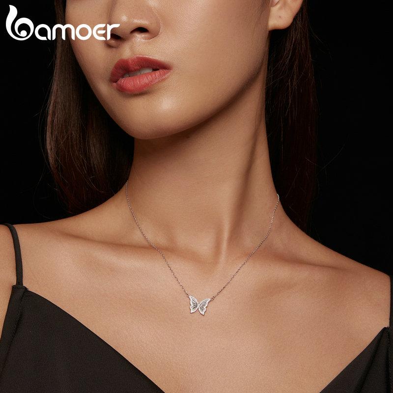 BAMOER 925 Sterling Silver Exquisite Shine Zircon Butterfly Pendant Necklace for Women Birthday Gift Fashion Jewelry