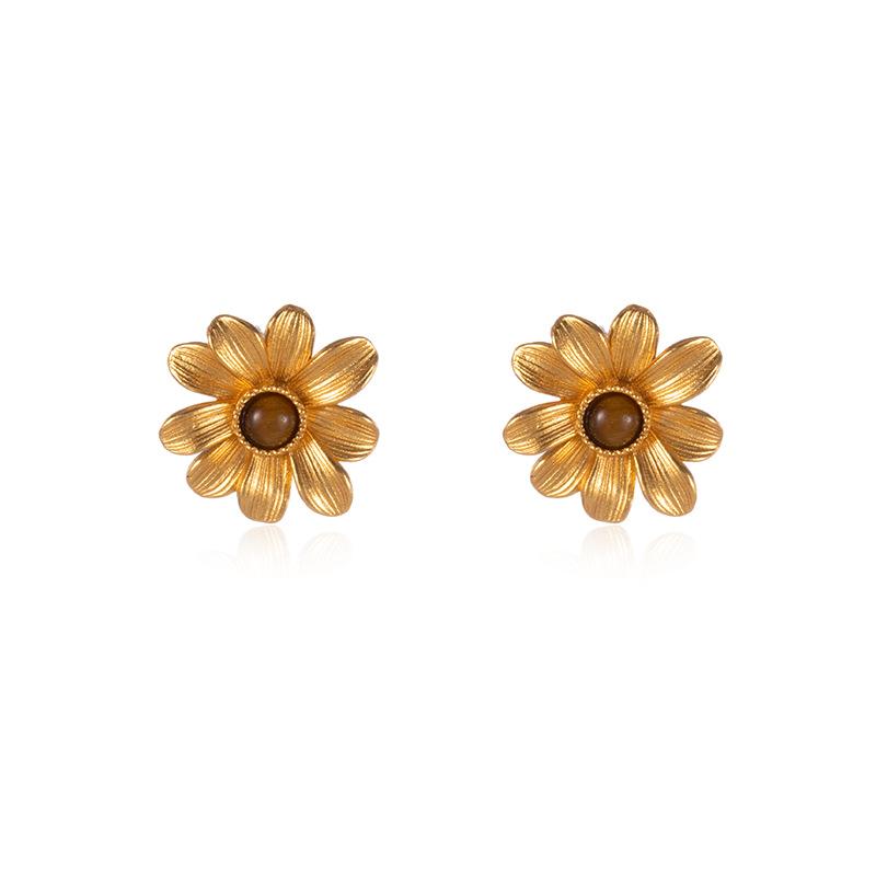 Fashion Starfish Daisy Stud Earrings Texture Carved Inlaid Stone Daily Vacation Fresh Niche Versatile Casual Earrings Women