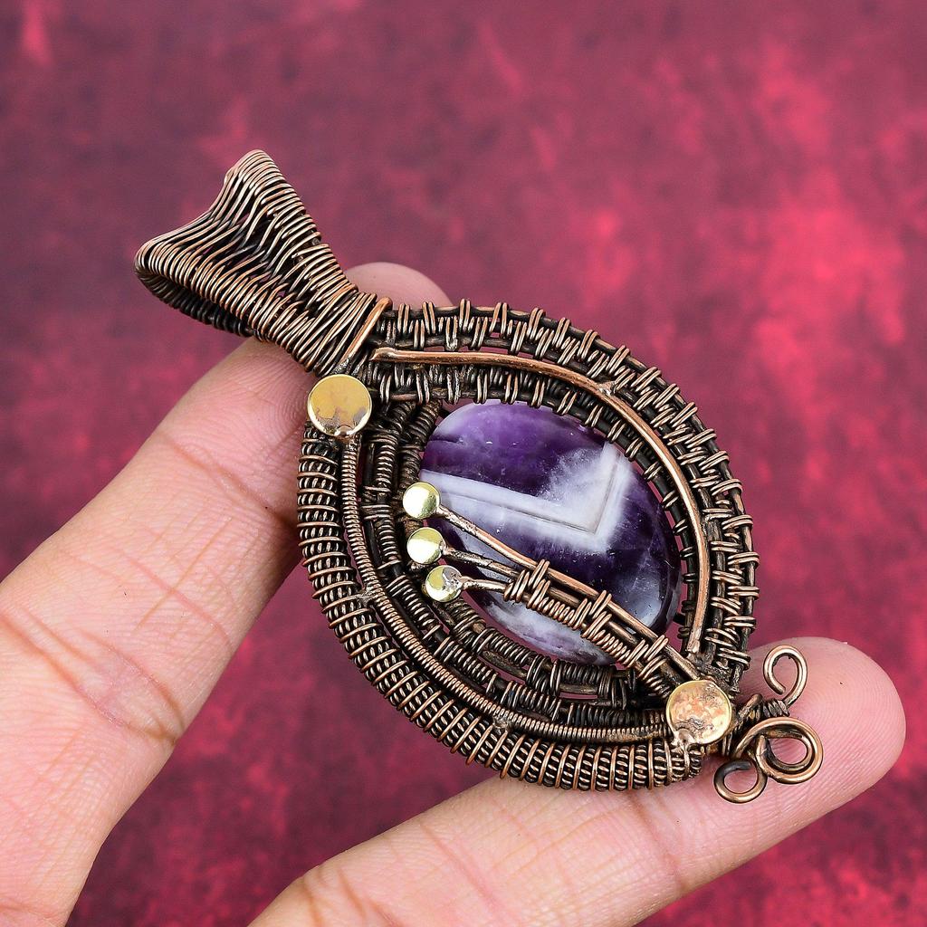 Chevron Amethyst Pendant Copper Wire Wrapped Pendant Natural Gemstone Pendant Copper Wire Wrap Jewelry Gifts for Her Handmade Dainty Pendant