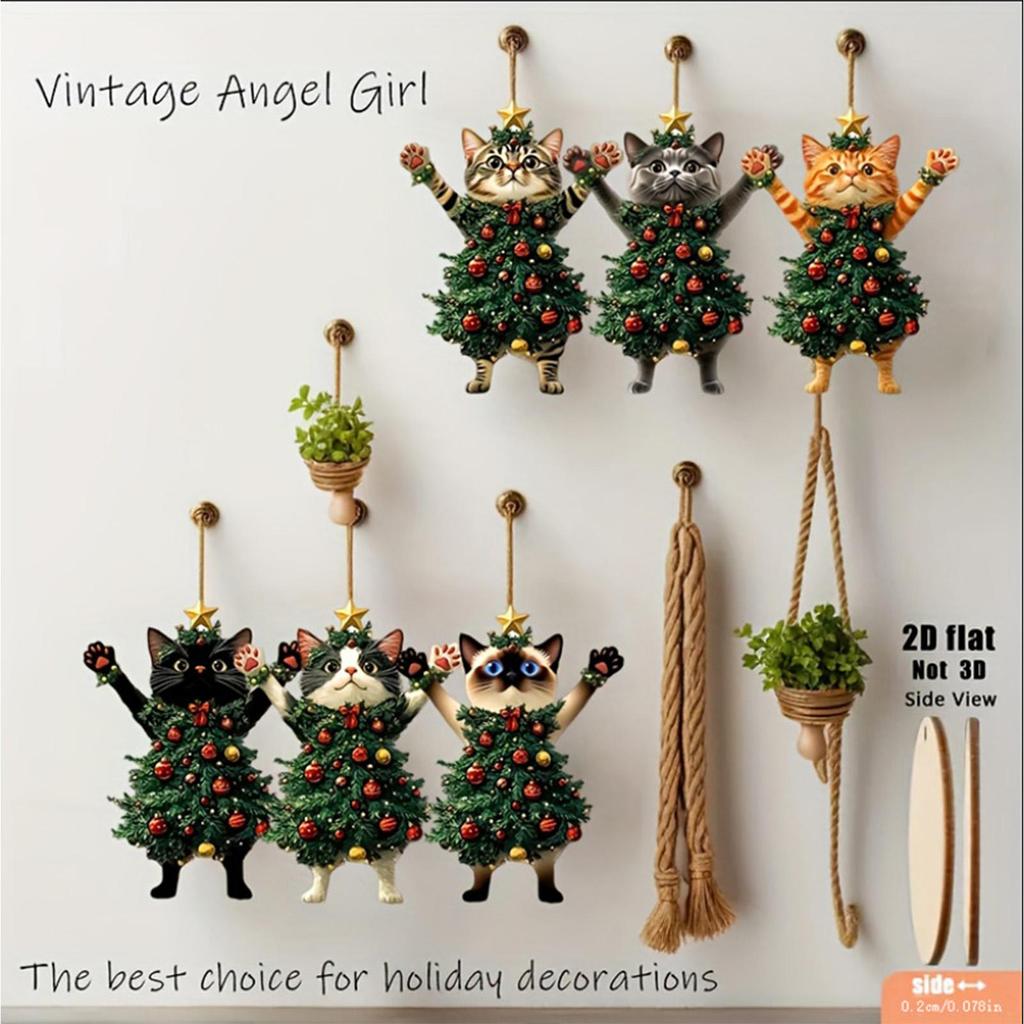6PCS Christmas Tree Pendants Cute Cat Hanging Ornaments 2D Flat Wooden Pendant For Car Backpack Xmas Tree Decorations Party