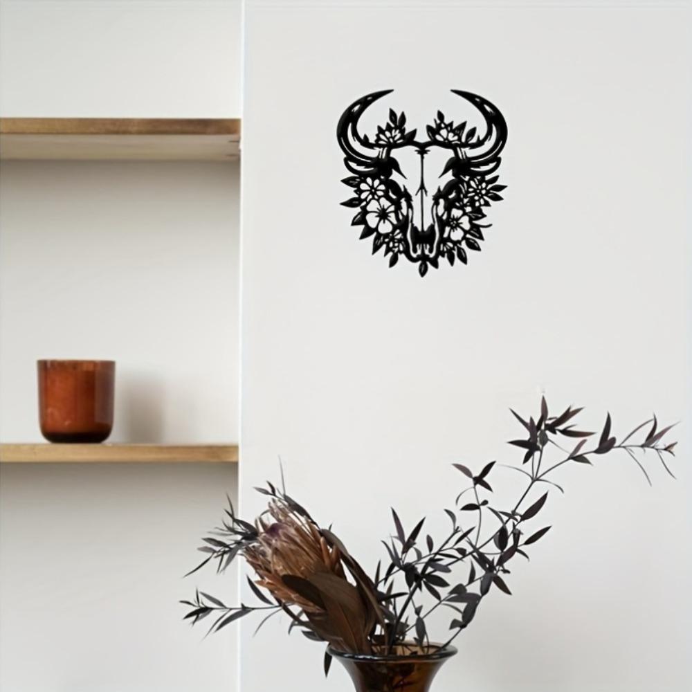 Metall Wandkunst Stierschädel mit Blumen, Schwarzes Florales Design, Thanksgiving Einweihungsgeschenk, Schlafzimmer Wohnzimmer Bar Dekor