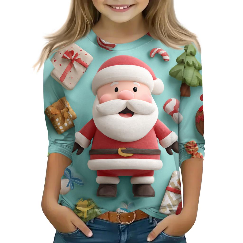 Children's 3/4 Sleeve Round Neck Top Christmas Tree Printed Everyday Casual Top