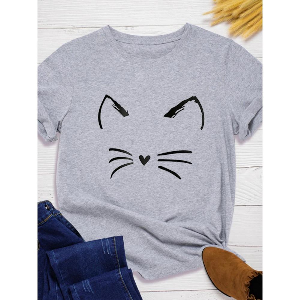 Tecknad kattansikte mönstertryck dam T-shirt kortärmad O-hals lös avslappnad mode lämplig för dagliga toppar
