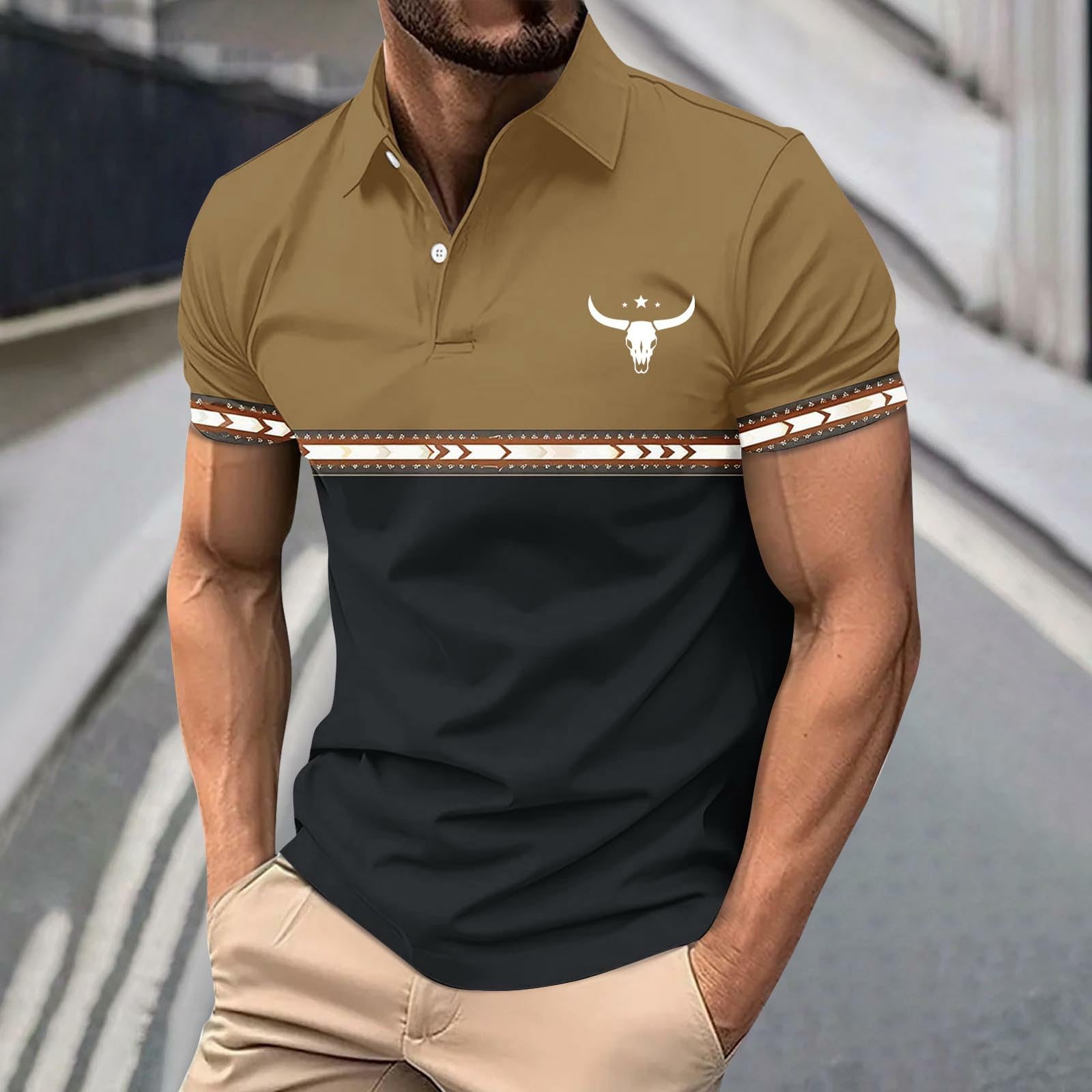 

Men s Western Bull Print Shirts Color Block Collared Short Sleeve Shirt Casual Summer Tops For Golf & Daily Wear XL жовтий