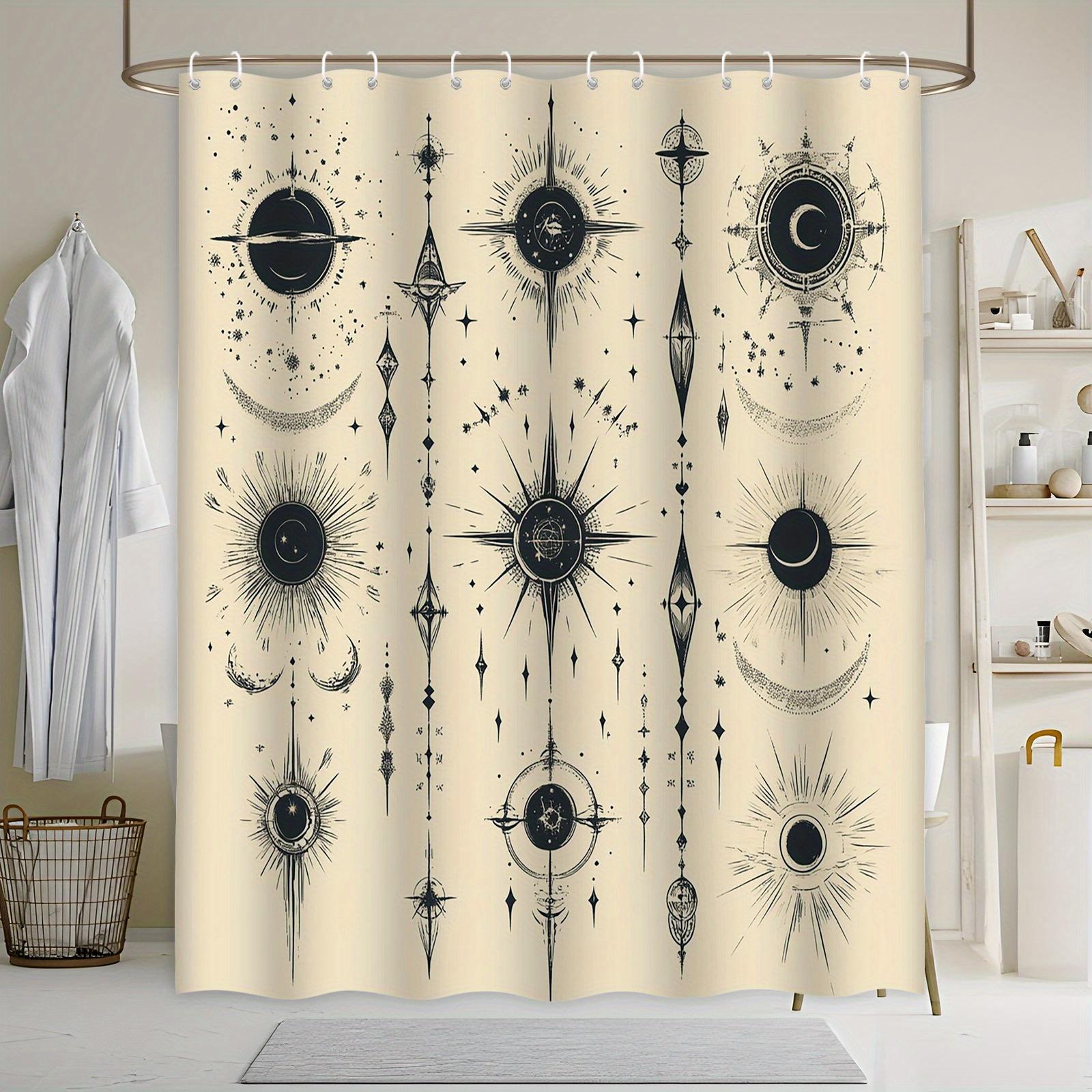 

Celestial Design Bath Curtain, Symmetrical Black Astronomical Motifs on Cream, Polyester, Perfect for Modern Bathroom Decor W90xH180cm