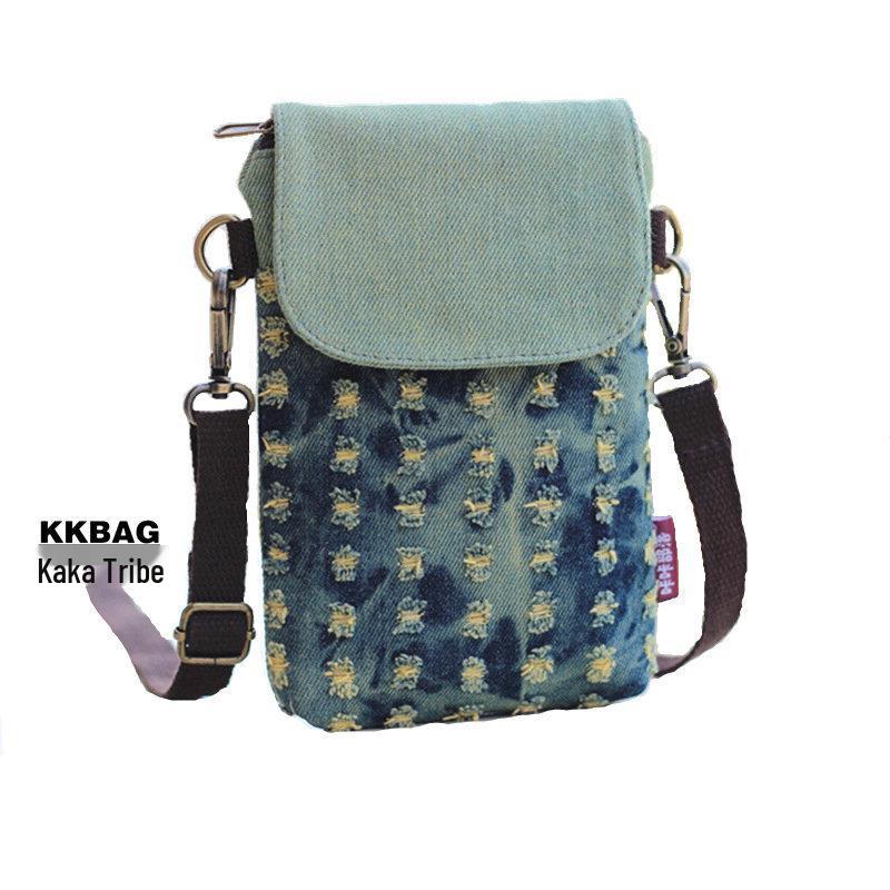 Denim Ripped Crossbody Small Bag - Cloth Art Large Screen Mobile Phone Bag