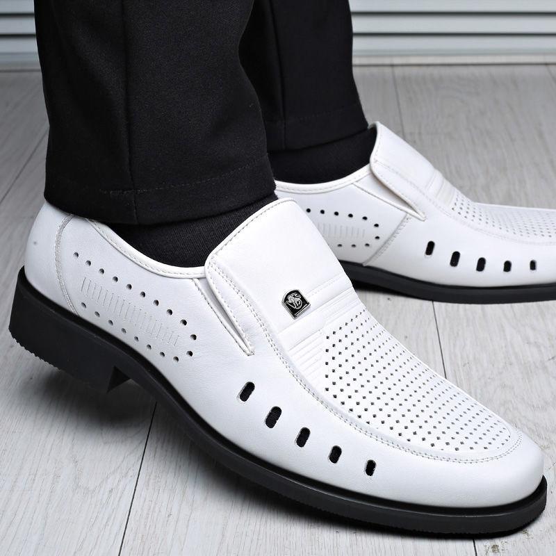 Breathable Leather Shoes Men's Summer Leather Sandals Thin Business Dress Casual White Hollow Soft Leather Soft Sole Men's Shoes
