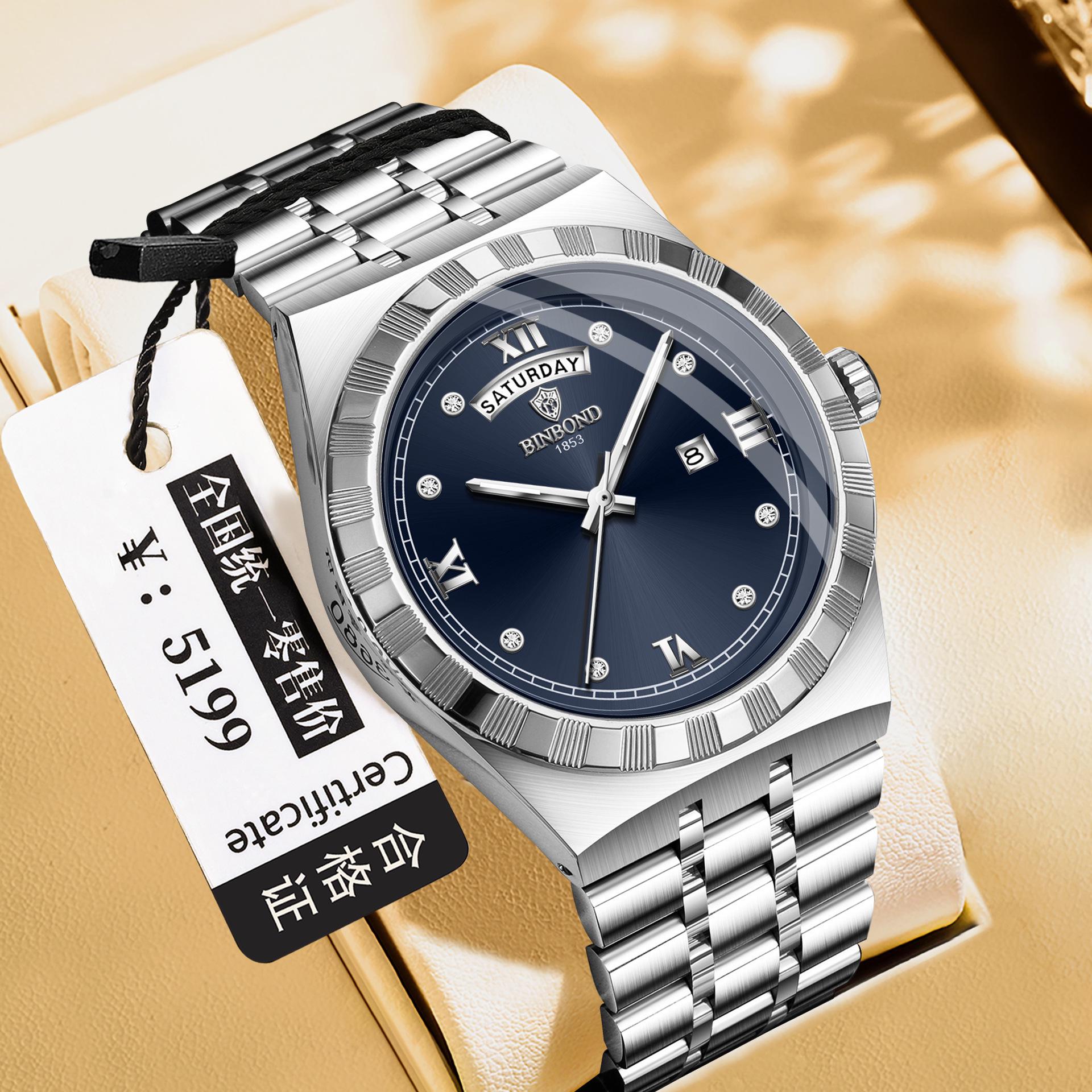 BINBOND Luxury Ultra-Thin Men s Quartz Watch, Rhinestones, Waterproof, Luminous Double Calendar Wristwatch.