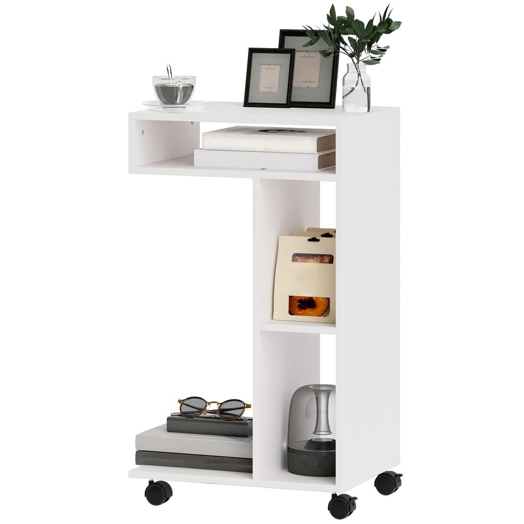 Tavolino, Carrellino da portata a forma di C, 4 Ruote, 3 Scomparti, 40 x 30 x 69 cm, Bianco
