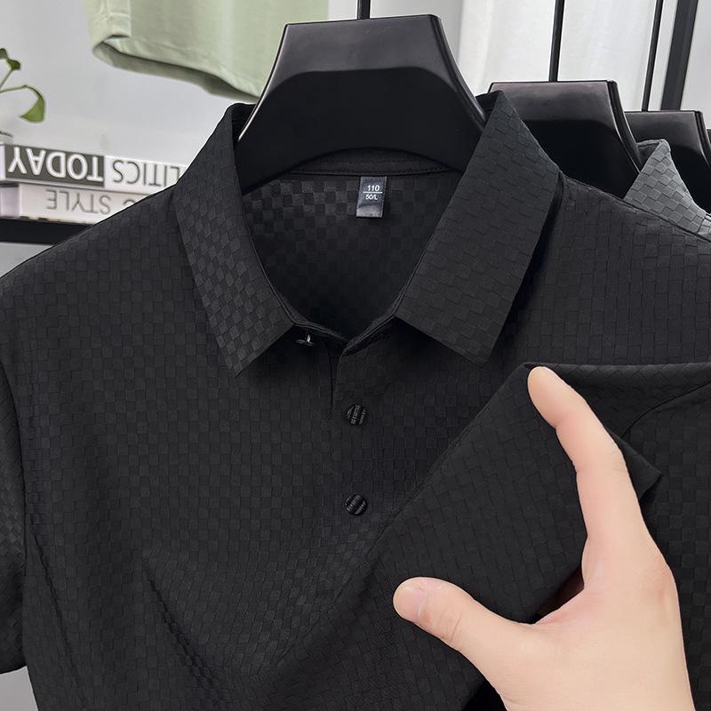 

Men s High-End Seamless Ice Silk Polo - Light Luxury, Solid Color Plaid Jacquard L чёрный