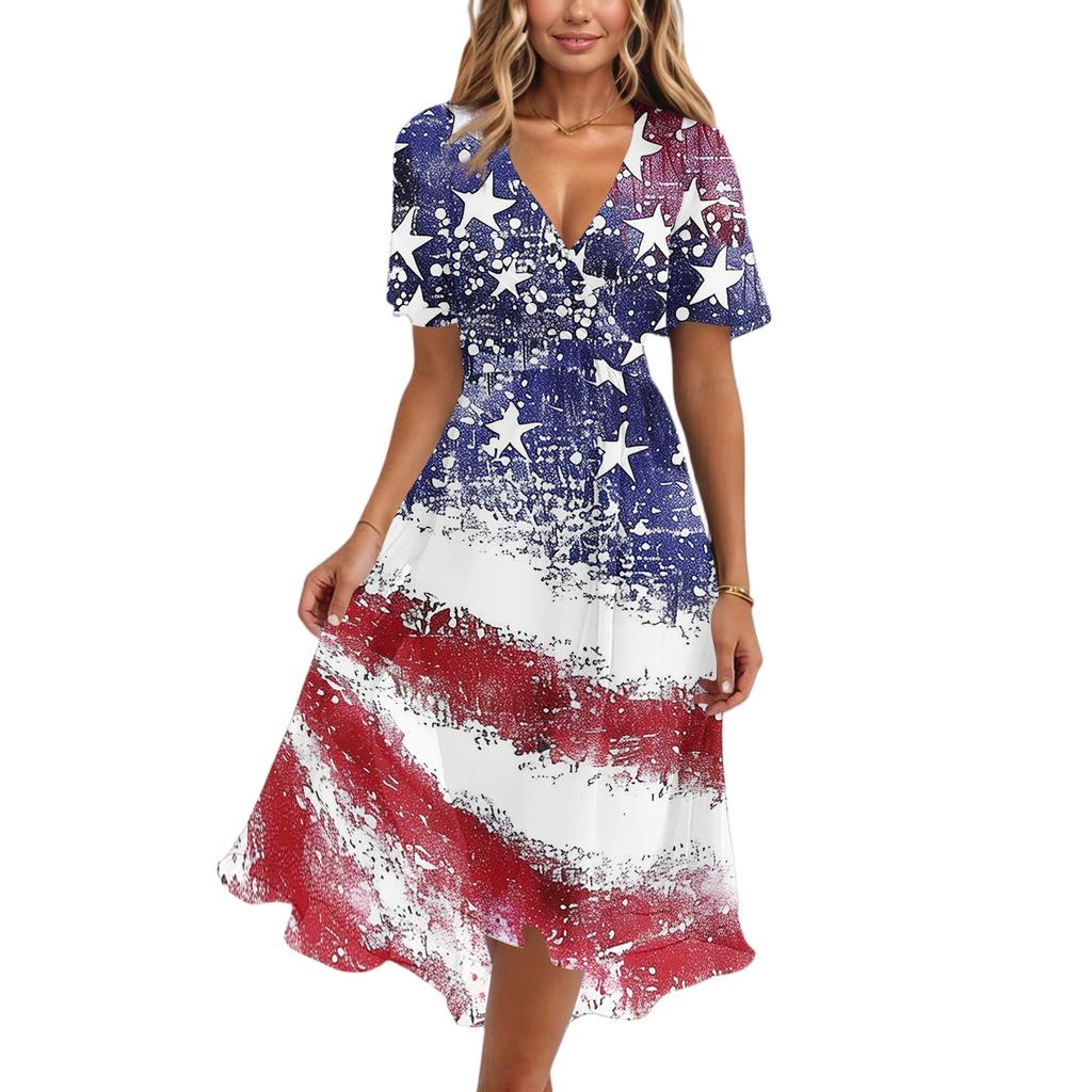 Women's Casual V-Neck Short-Sleeve Independence Day Print Dress