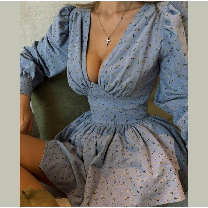 Dame dyp V-hals Småblomstret Kort Skjørt for Sommer Dame Ny Stil med Brettkantdekorasjon Trykt Skjørt Dame Elegant Stilig Klesdrakt