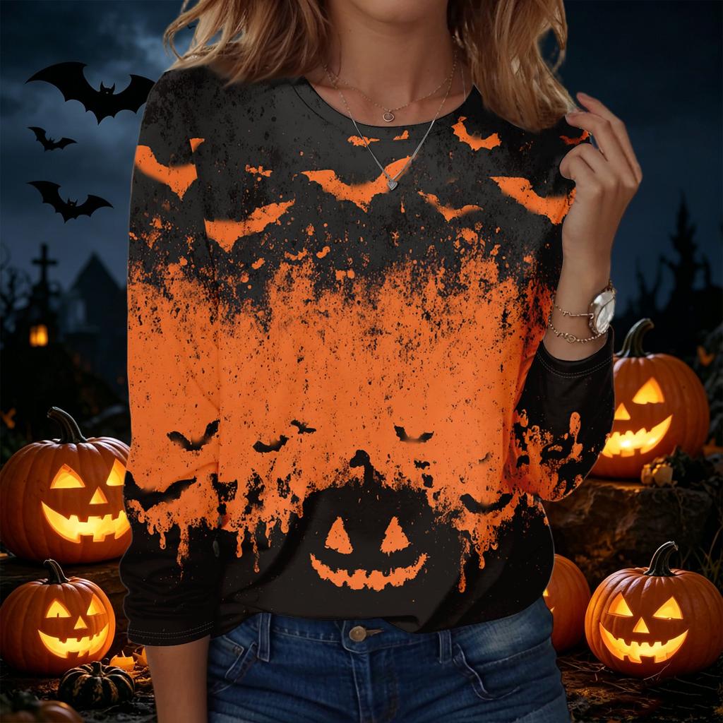 Women's Halloween Print Pullover Sweatshirt Long Sleeve Crewneck Top Casual Loose Fit Lightweight Pullover