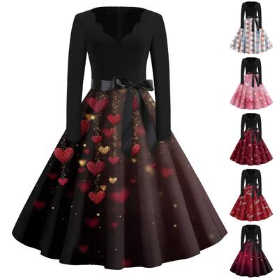 Druck Flared Kleid Für Frauen Langarmkleid Hohl Party Freizeitkleider
