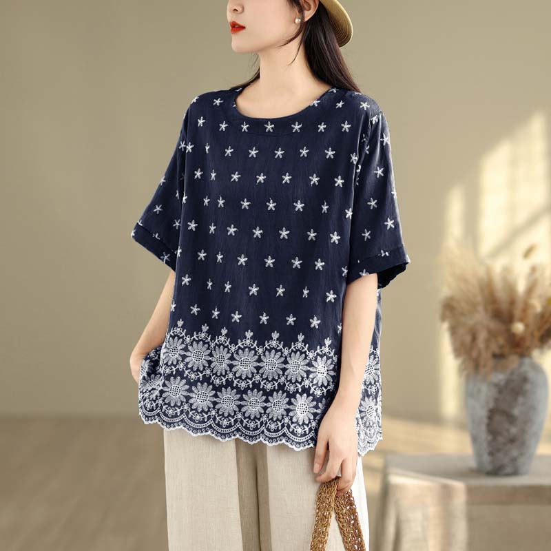 DIMANAF 2025 New Summer Women Plus Size T-Shirt Short Sleeve Loose Basic Casual Tops Floral T-Shirt Vintage