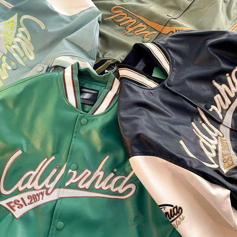 

Мужская куртка из искусственной кожи в стиле хип-хоп с вышивкой в стиле ретро — цветные блоки в бейсбольном стиле XXL зелёный