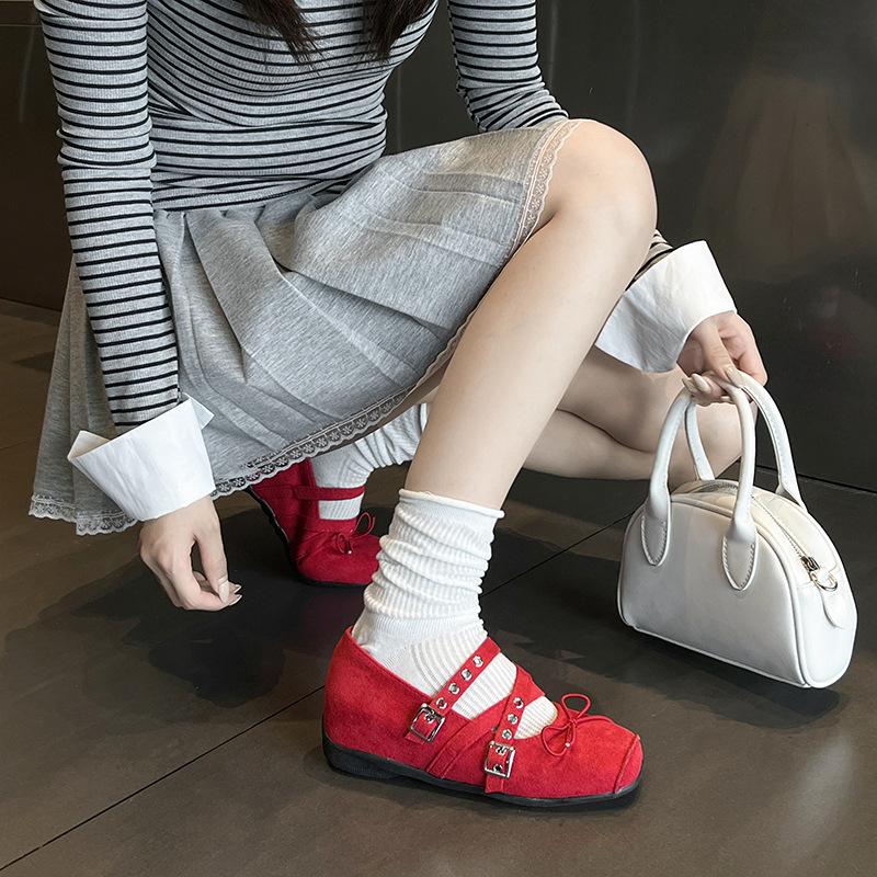 French Women's Ballet Shoes Summer New Retro Bow Inner Height Increase Single Shoes Cross Strap Mary Jane Shoes