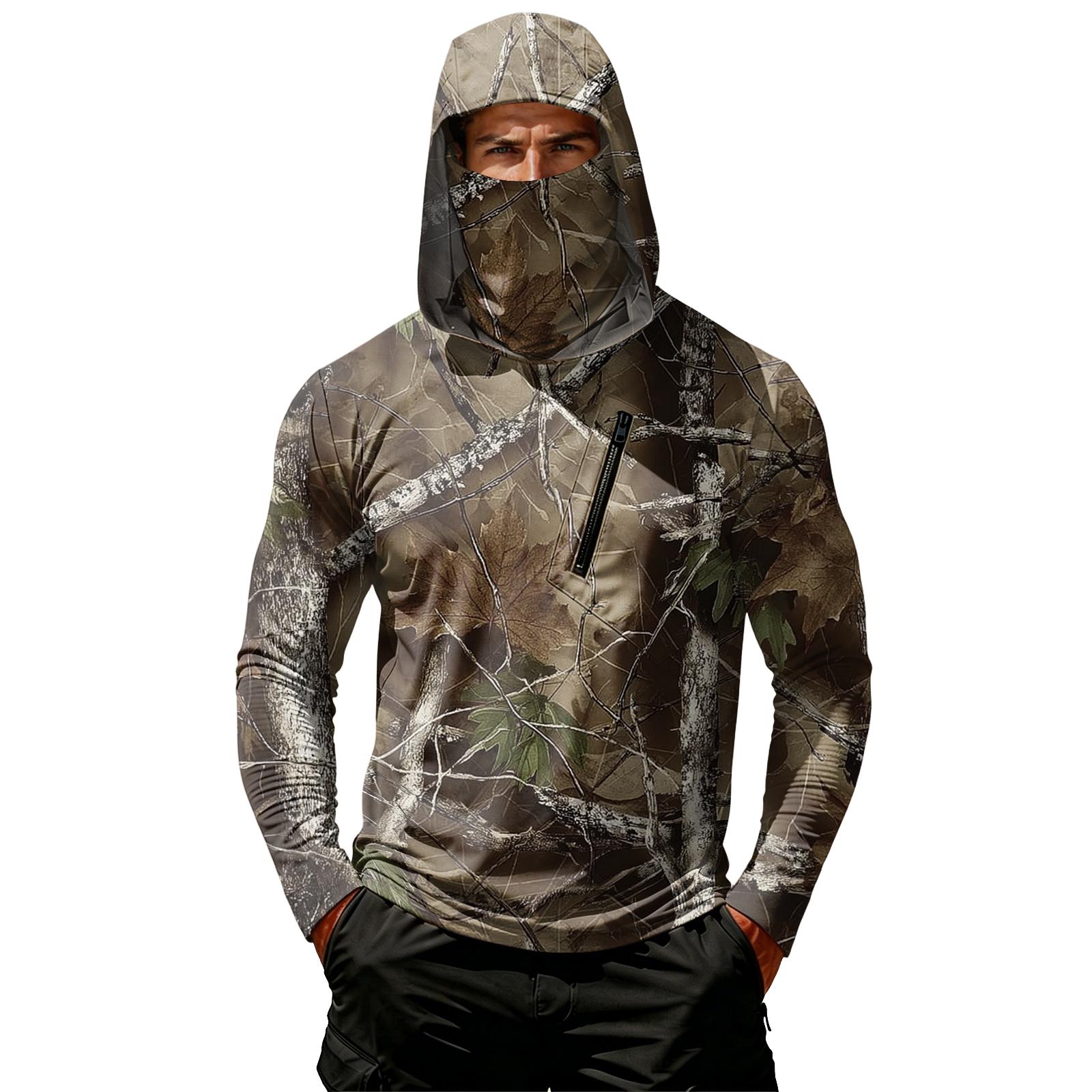 

Men s Casual Leaf Camouflage Print Hooded Long Sleeve Sun Protection Shirt Lightweight Breathable Outdoor Top with Zipper Pocket XXL кавовий