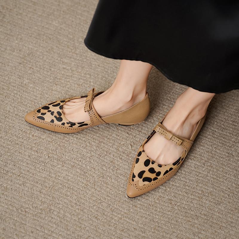 Fashion 2025 New Spring Women Pumps Horsehair/Genuine Leather Shoes for Women Pointed Toe Wedges Shoes Leopard Mary Janes Women Shoes
