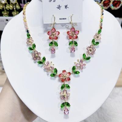 Collar con Colgante de Flor Multicolor de Circonita, Pendientes, Juego de Joyas, Gargantillas para Mujer, Nupcial, Boda, Banquete, Fiesta, Diario
