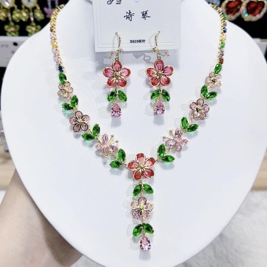Trendy Zircon Luxury Necklace Earrings Set Color Heavy Industry Premium Peach Blossom Necklace