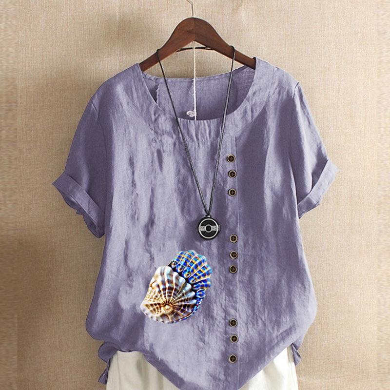 Women's Fashion Round Neck Short Sleeve T-shirt Casual Cotton Linen Graphic Shirt Leisure Loose Conch Prined Summer Blouse Tops