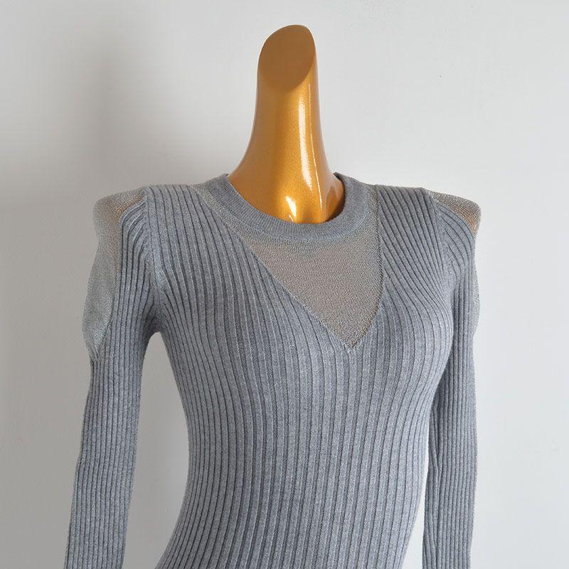Fall and Winter New Arrival Pure Color Round Neck Mesh Stitching Long Sleeves Knitting Dress Women's Clothing Silm Slim Looking Bodycon Dress