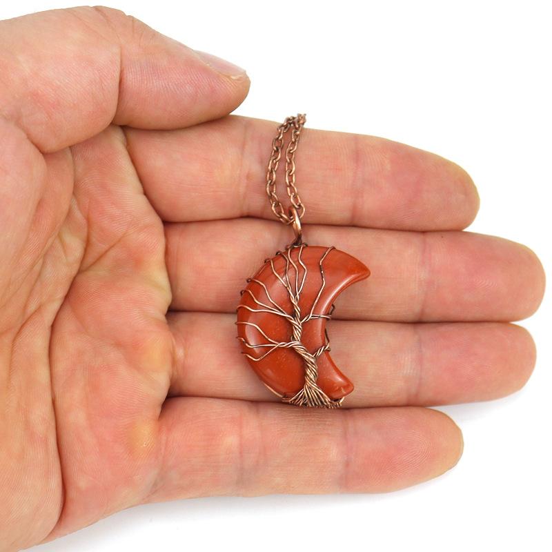 Handmade Winding Exquisite Little Moon Natural Stone Crystal Tree Of Life Pendant Necklace N570