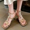 Summer Light Luxury Rhinestone Chain Roman Sandals Banquet Shoes Square Head T-shaped with High Heels Open-toed Sandals Large Size