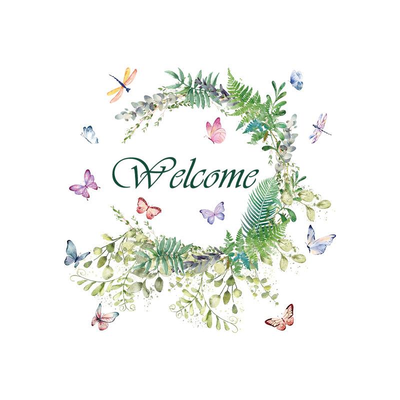 Welcome Door Sticker Green Leaf Butterfly Decal Removable Welcome for Entryway Decor Letters Decorations for Home Shop Glass