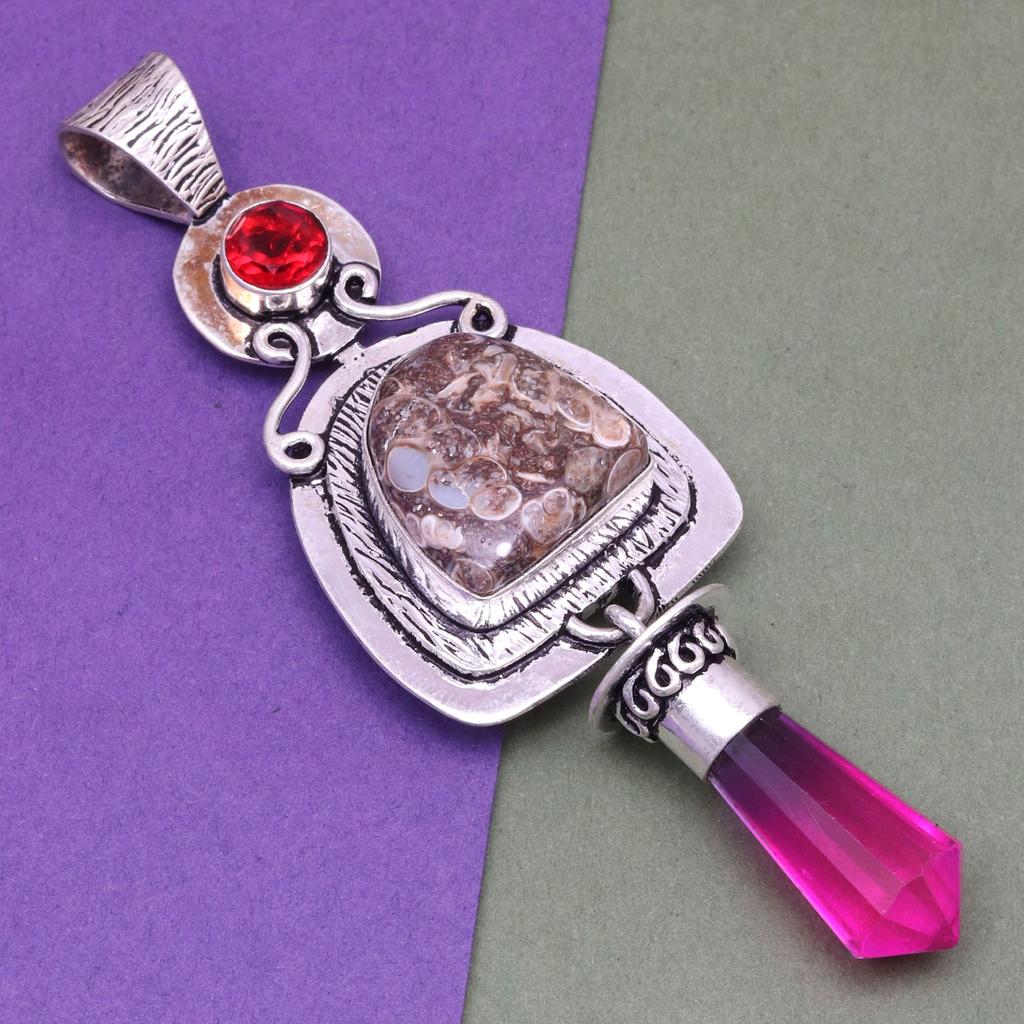 Turtella Jasper Garnet Gemstone Mother's Day Silver Jewelry Pendant  3.75"